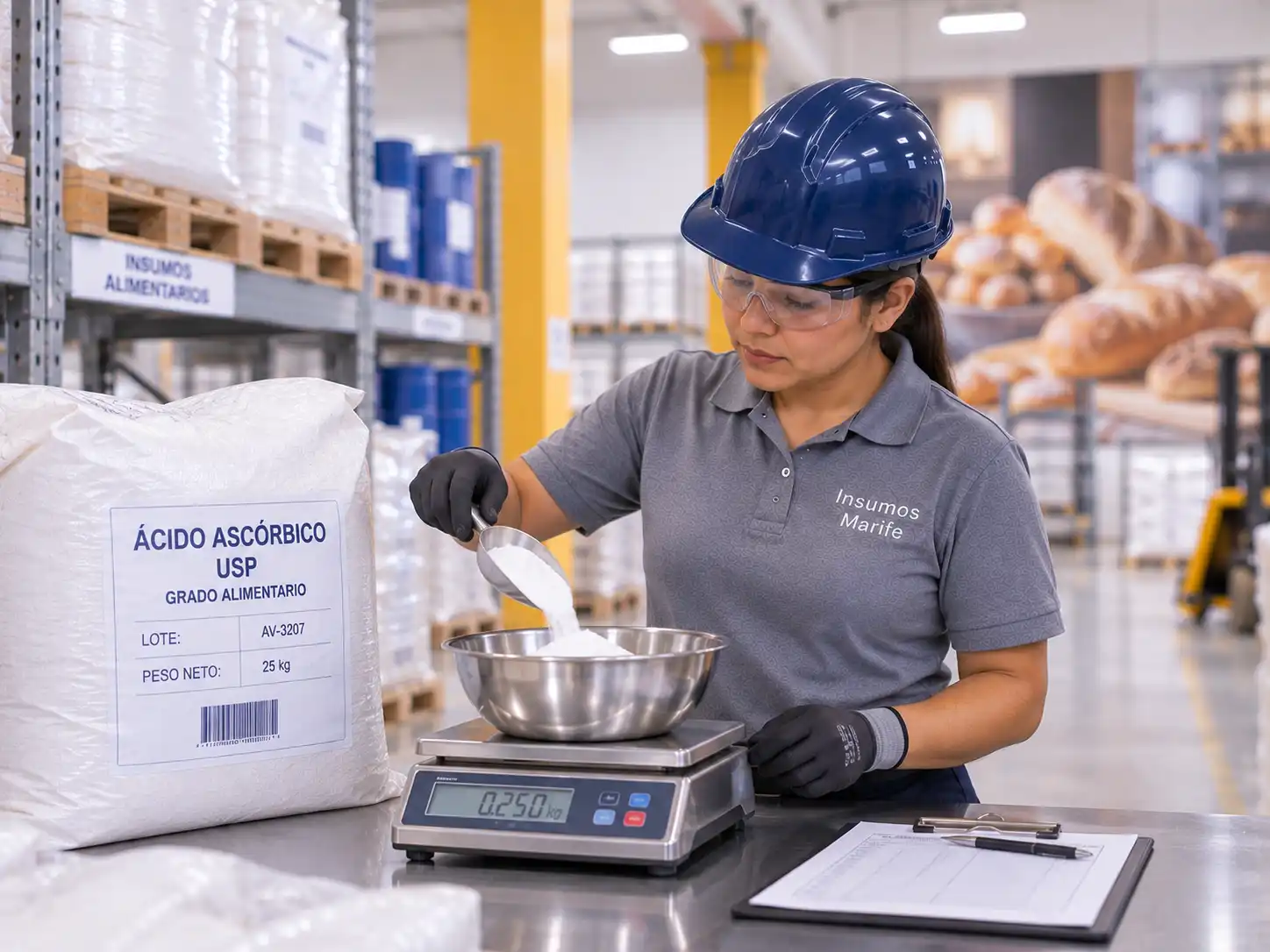 Especialista de Insumos Marife verificando un ingrediente grado alimentario antes de su despacho en Perú